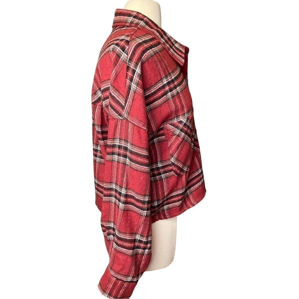 CiSono NEW Cropped Flannel Plaid Shirt Brick Red Women’s XL Grunge Casual - Picture 6 of 9